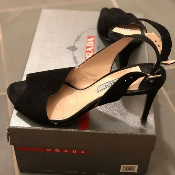Prada Timeless Black Suede Open Toe Heels 7.5 - Picture 3 of 6
